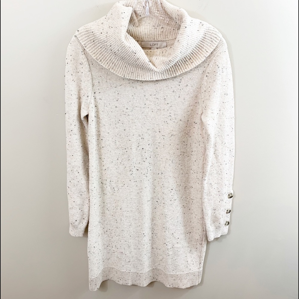 LOFT Cowl Neck Sweater Cream Speckled Dress Button Sleeve Detail - Picture 2 of 7